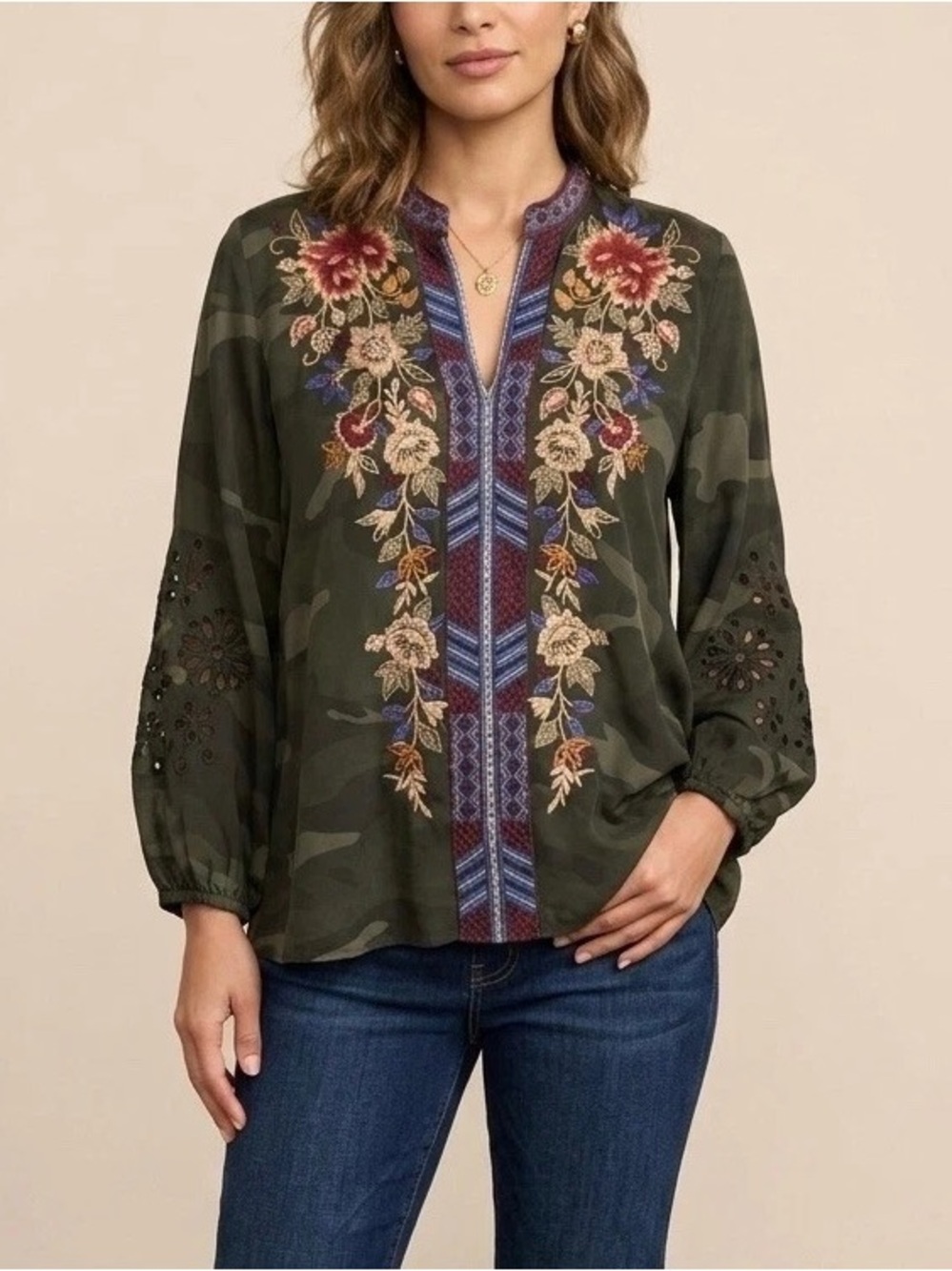 Johnny Was - Olive Green Embroidered Women's Blouse